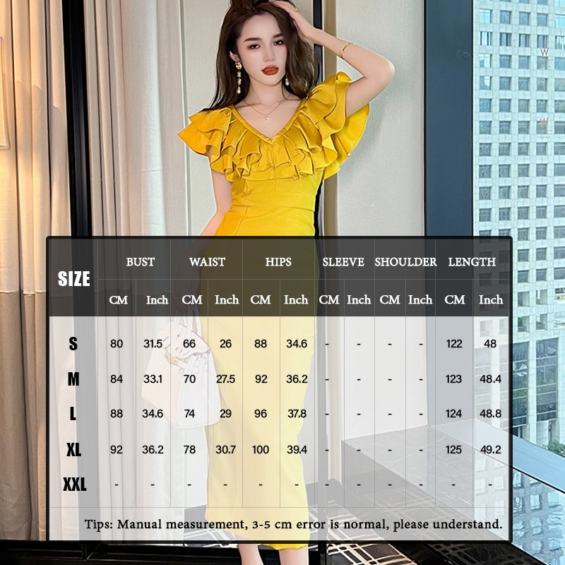 ZYHT 30502 Lotus Leaf Ruffle Flying Sleeve Sexy Party Casual Dresses V-neck Knitted Elastic Bright Yellow Dress