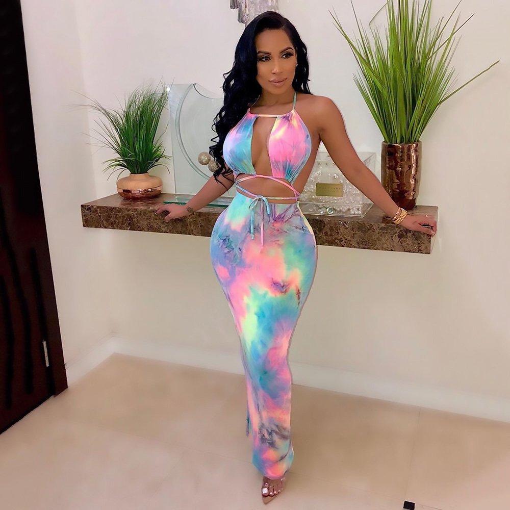 Wholesale Hot Sale Tie dye print strapless Sport Casual Club Wear Sexy Dress For Women