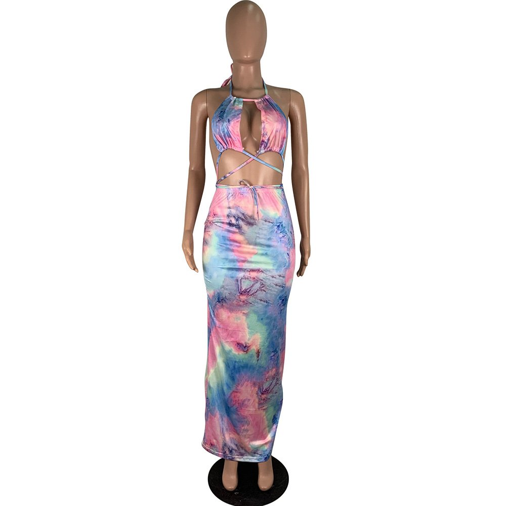 Wholesale Hot Sale Tie dye print strapless Sport Casual Club Wear Sexy Dress For Women
