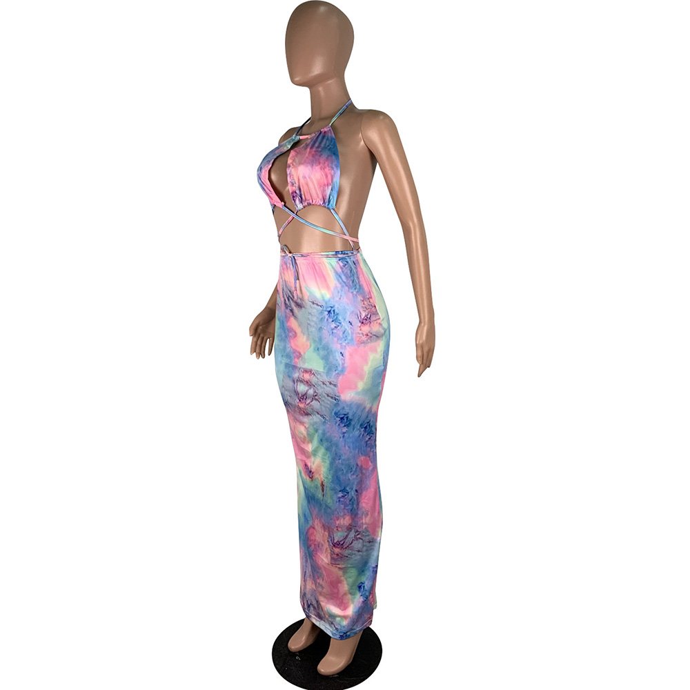 Wholesale Hot Sale Tie dye print strapless Sport Casual Club Wear Sexy Dress For Women