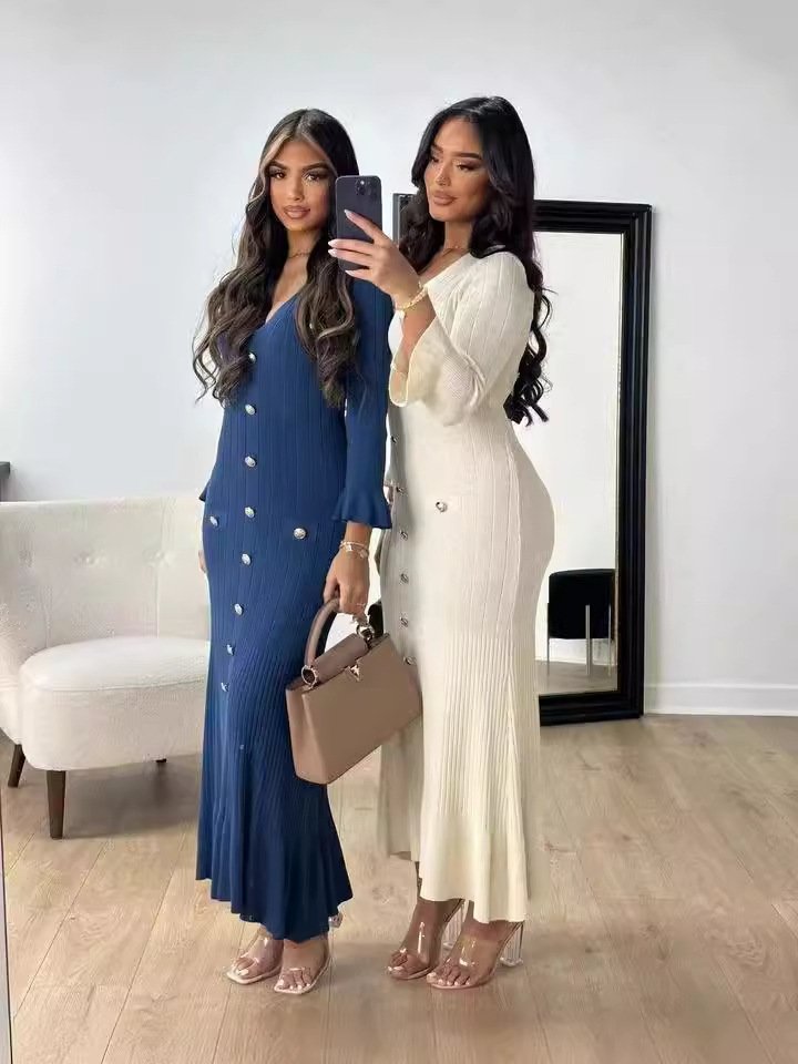 Manufacturers Custom Elegant Women Slim-fit Casual dress Knit Single Breasted High Wwaist French dresses