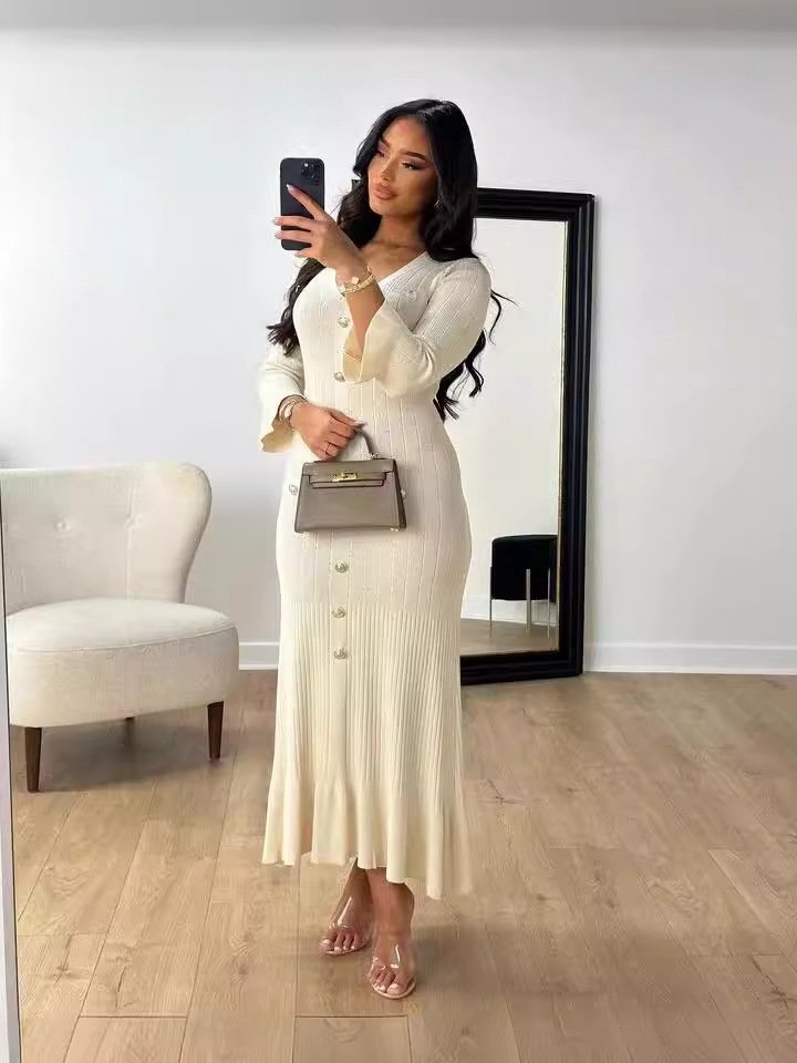 Manufacturers Custom Elegant Women Slim-fit Casual dress Knit Single Breasted High Wwaist French dresses