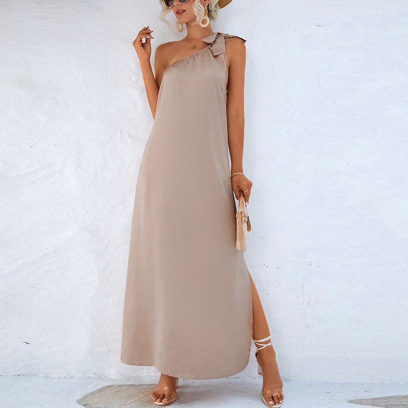 Streetwear Casual vestidos casuale2023 New Solid One Shoulder Bow Maxi Long Dress Women Clothing Side Split Sexy Summer Dresses