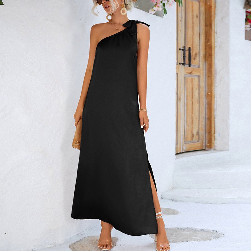 Streetwear Casual vestidos casuale2023 New Solid One Shoulder Bow Maxi Long Dress Women Clothing Side Split Sexy Summer Dresses