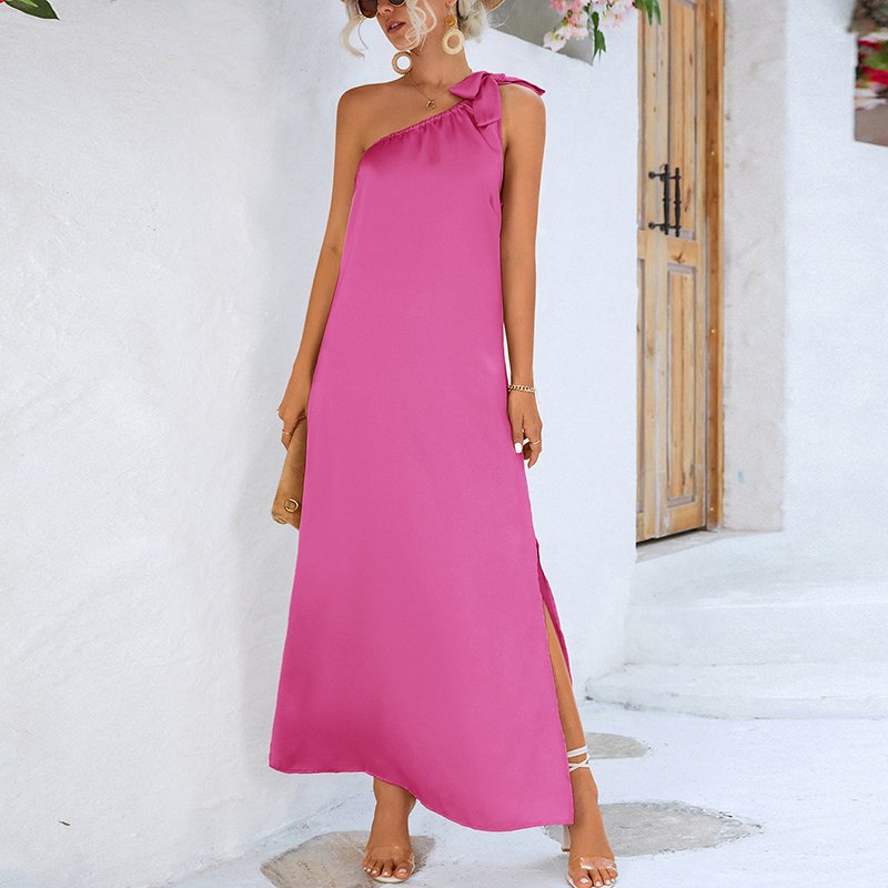 Streetwear Casual vestidos casuale2023 New Solid One Shoulder Bow Maxi Long Dress Women Clothing Side Split Sexy Summer Dresses