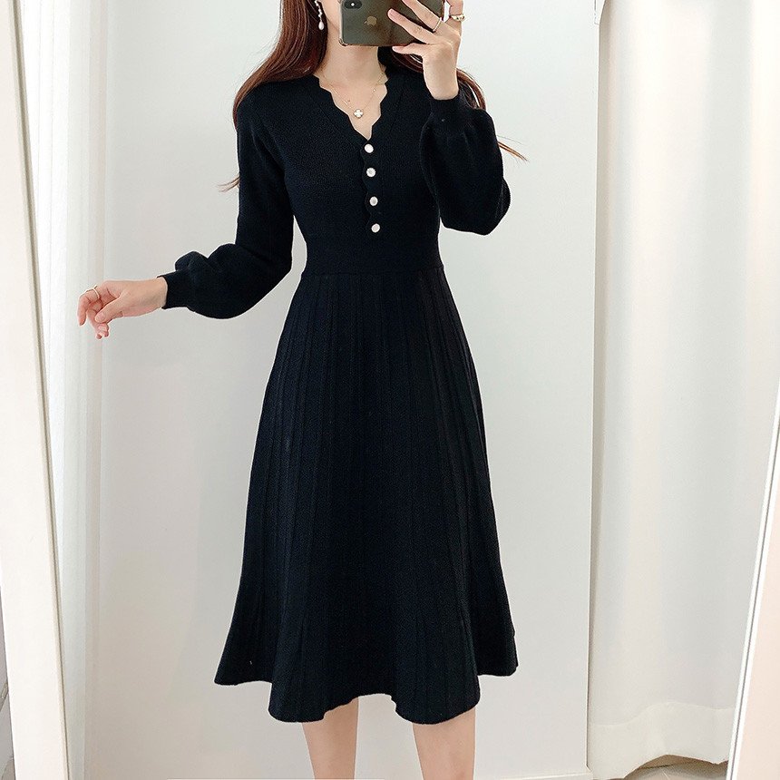 2022 Autumn Women Puff Long Sleeve Knit Dress V-neck Button Solid Color French Sweater Casual A-line Midi Long Dress