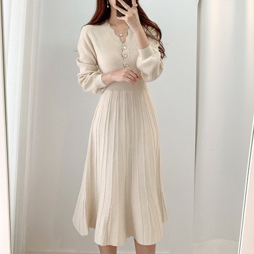 2022 Autumn Women Puff Long Sleeve Knit Dress V-neck Button Solid Color French Sweater Casual A-line Midi Long Dress