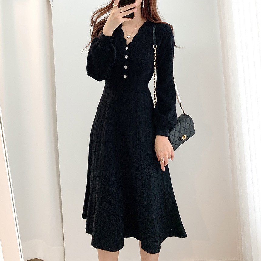 2022 Autumn Women Puff Long Sleeve Knit Dress V-neck Button Solid Color French Sweater Casual A-line Midi Long Dress