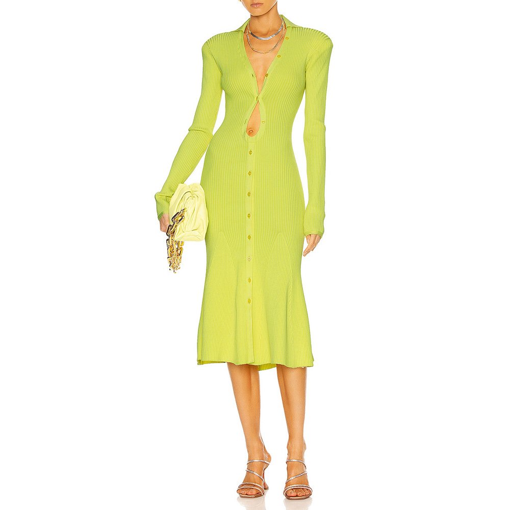 Factory Custom fall yellow v neck long sleeve cutout western dress for female women casual rib knit sweater dress