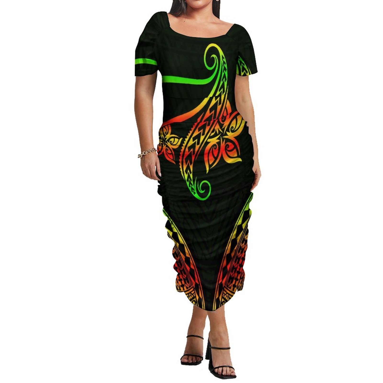 Hot Sale Customized Undefined Polynesian Clothing Women Elegant Bodycon Pleated Dress Hibiscus Flower Print Midi Hawaiian Dress