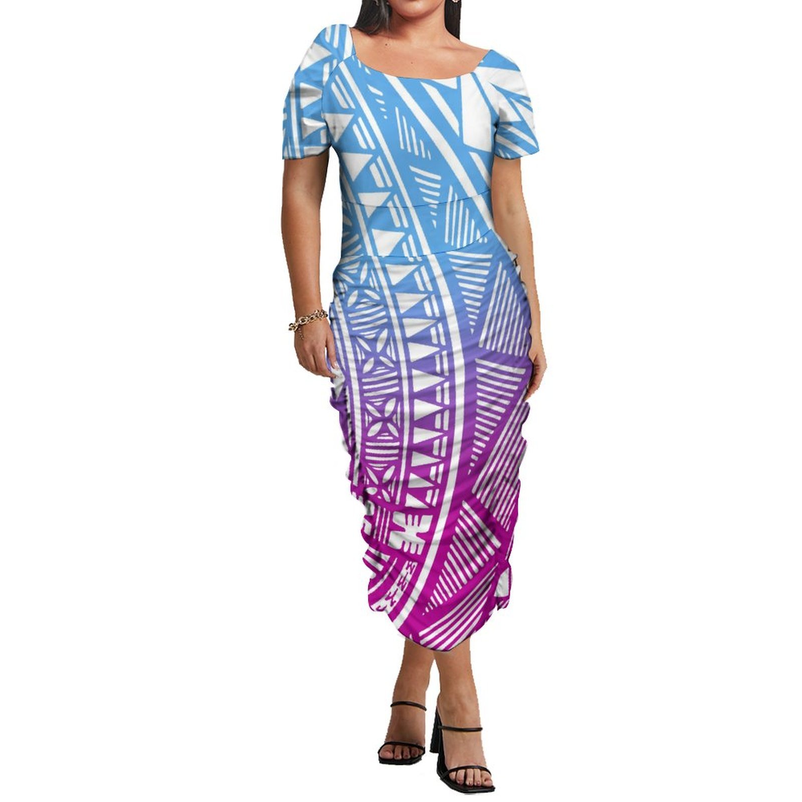 Hot Sale Customized Undefined Polynesian Clothing Women Elegant Bodycon Pleated Dress Hibiscus Flower Print Midi Hawaiian Dress