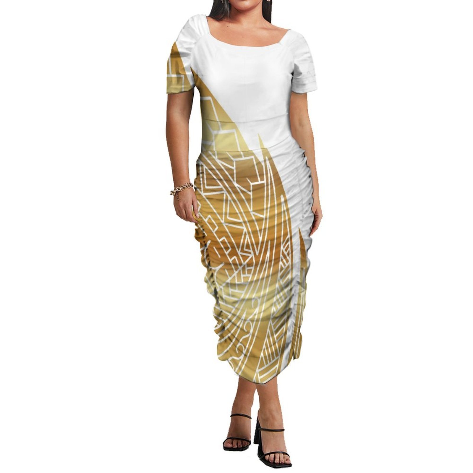 Hot Sale Customized Undefined Polynesian Clothing Women Elegant Bodycon Pleated Dress Hibiscus Flower Print Midi Hawaiian Dress