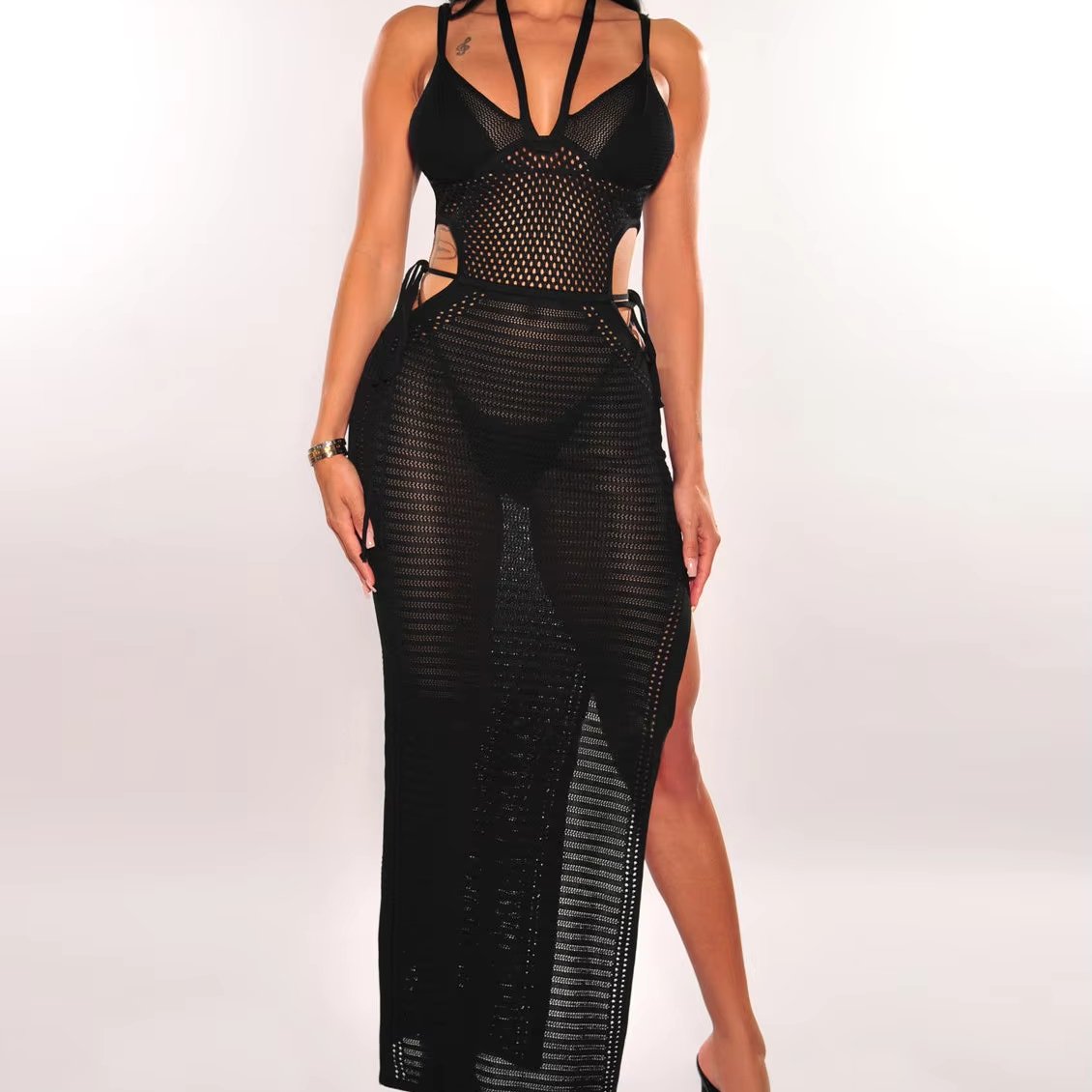 2024 Sleeveless Fashion Crochet Knit Mesh Swimsuit Beach Long Dress Women's Chic Casual Dresses