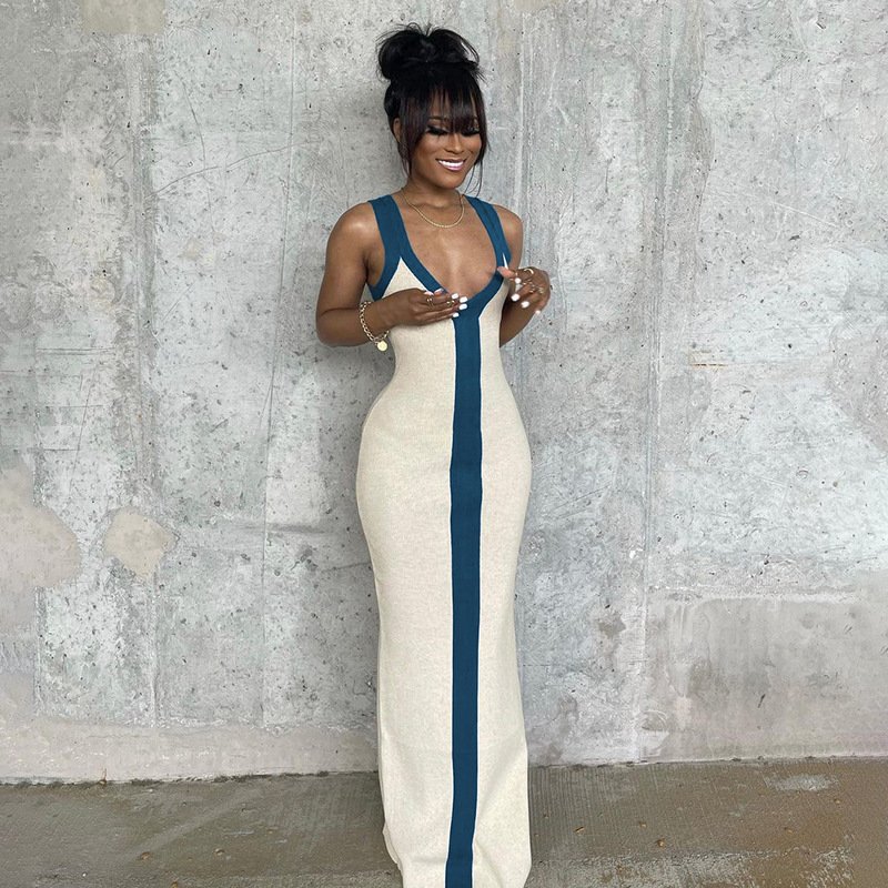 Hot Sales 2023 Sleeveless V Neck Long Elegant Women Summer Dress Casual Patchwork Club Dresses