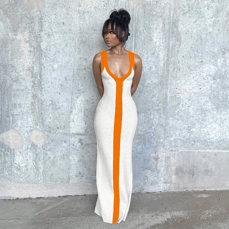 Hot Sales 2023 Sleeveless V Neck Long Elegant Women Summer Dress Casual Patchwork Club Dresses