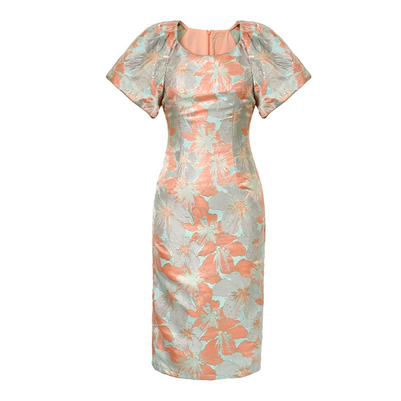 ZYHT 10515 Summer Vacation Sweet Chic Floral Printed Knee-length Dress Short Puff Sleeve Waist-slimming Women's Dress