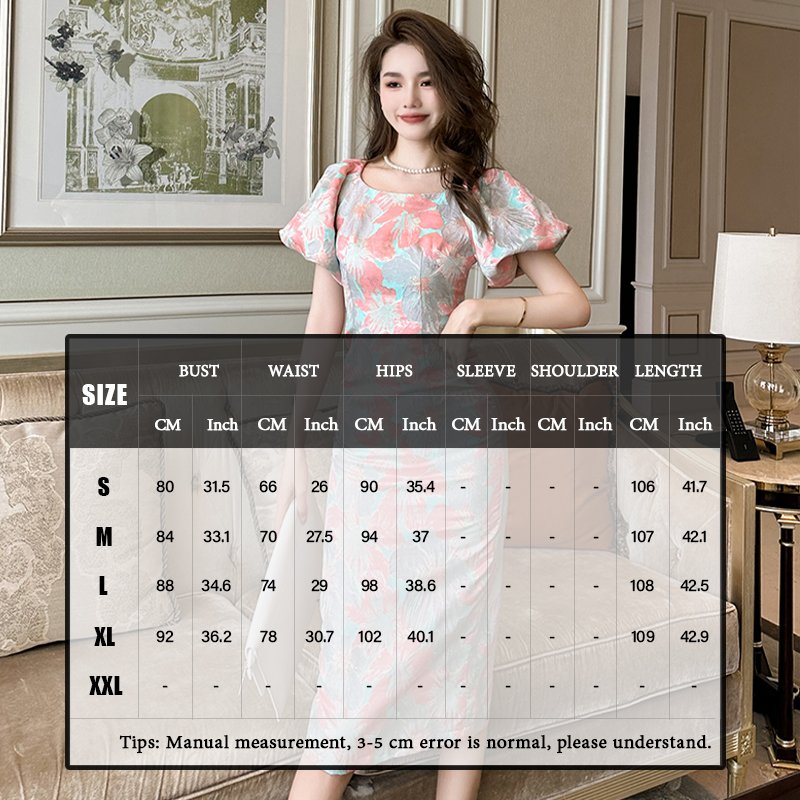 ZYHT 10515 Summer Vacation Sweet Chic Floral Printed Knee-length Dress Short Puff Sleeve Waist-slimming Women's Dress