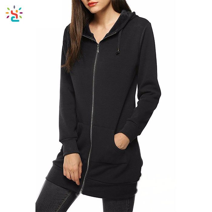 Blank trendy hoody full zip hoodies women long hoodie fleece lined sweatshirt casual fleece jacket