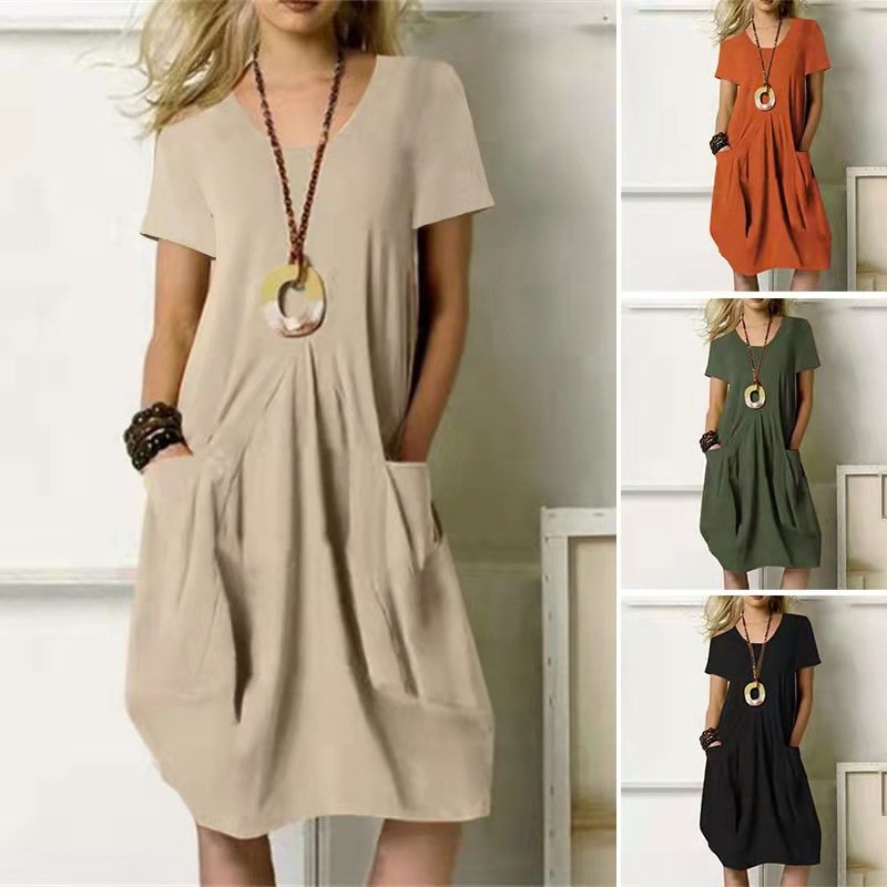 Summer New Cotton Linen Dress Solid Loose Women Dress Round Neck Casual Dress