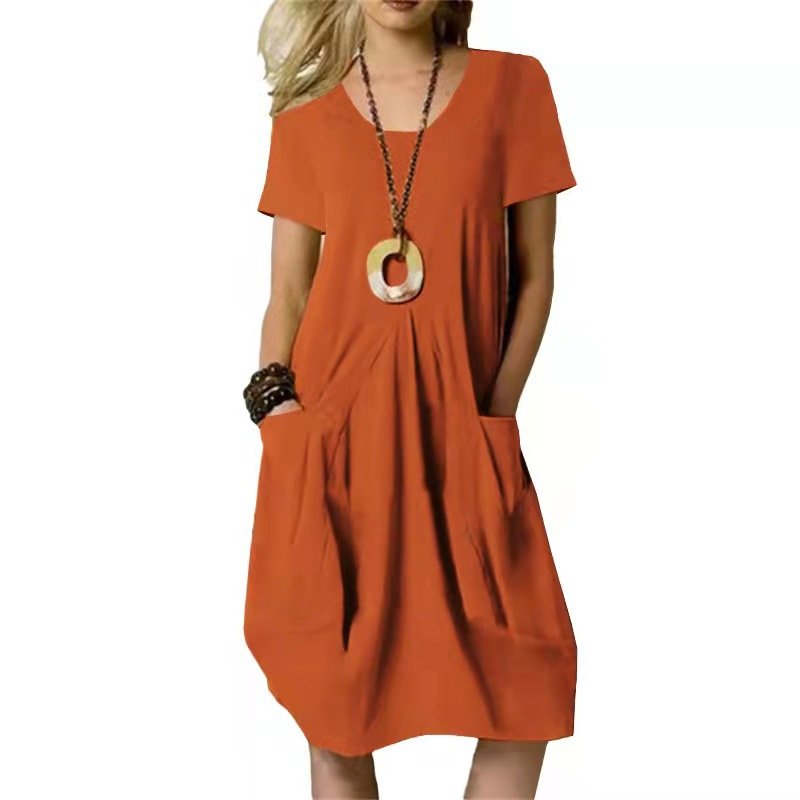 Summer New Cotton Linen Dress Solid Loose Women Dress Round Neck Casual Dress