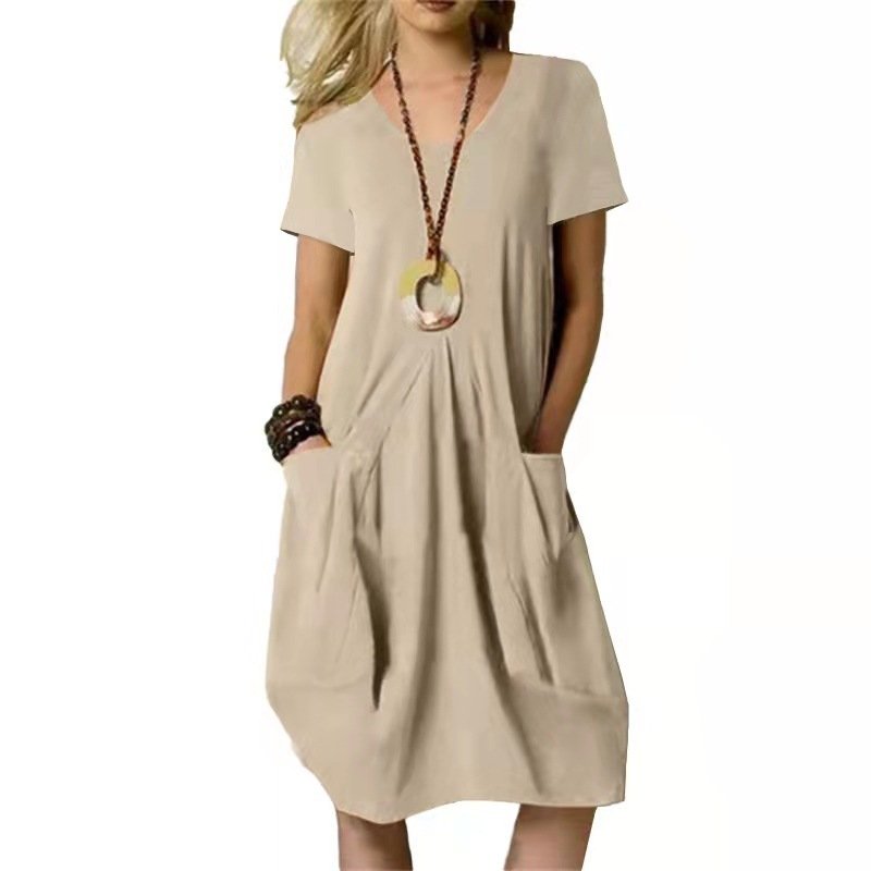 Summer New Cotton Linen Dress Solid Loose Women Dress Round Neck Casual Dress