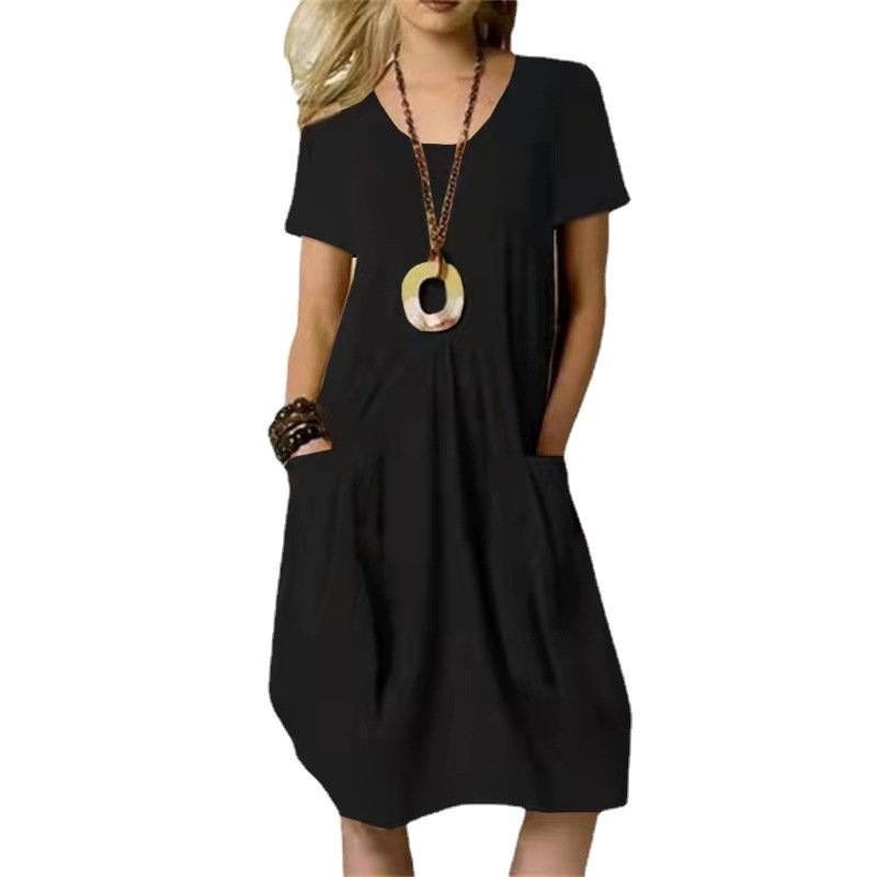 Summer New Cotton Linen Dress Solid Loose Women Dress Round Neck Casual Dress