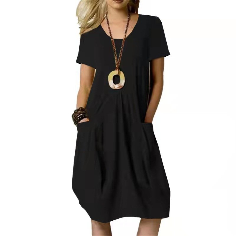 Summer New Cotton Linen Dress Solid Loose Women Dress Round Neck Casual Dress