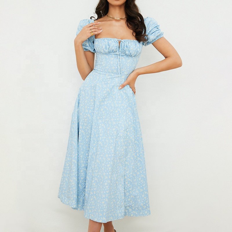 Weixin Women Clothing Professional Custom Blue Ivory Floral Puff Sleeve Nice Ladies Cotton Elegant Summer Casual Midi Dress