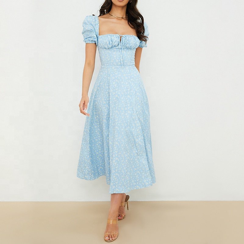 Weixin Women Clothing Professional Custom Blue Ivory Floral Puff Sleeve Nice Ladies Cotton Elegant Summer Casual Midi Dress