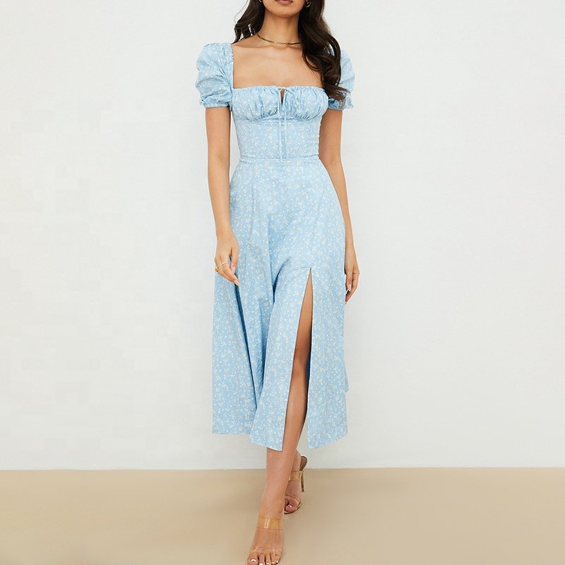 Weixin Women Clothing Professional Custom Blue Ivory Floral Puff Sleeve Nice Ladies Cotton Elegant Summer Casual Midi Dress