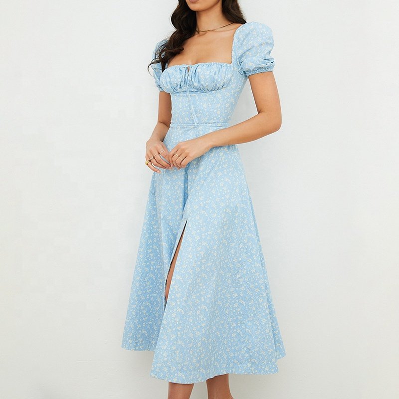 Weixin Women Clothing Professional Custom Blue Ivory Floral Puff Sleeve Nice Ladies Cotton Elegant Summer Casual Midi Dress