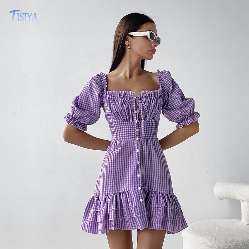 2023 Summer Mini Dresses Ruffles Tiered Purple Gingham Cotton Sexy Fashion Women Casual Dress