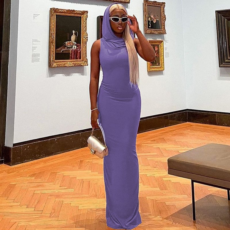Summer New Fashion Back Split Solid Color Dress With Hooded European and American Style Women Sleeveless Long Casual Dress
