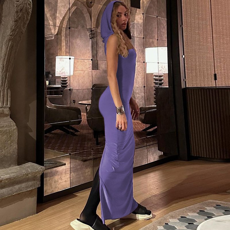 Summer New Fashion Back Split Solid Color Dress With Hooded European and American Style Women Sleeveless Long Casual Dress