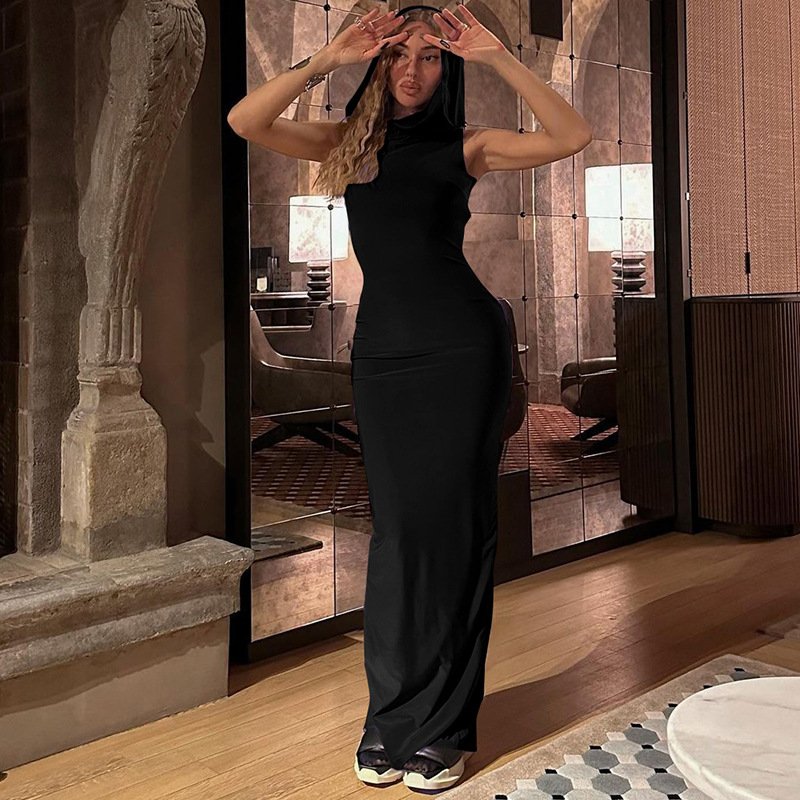 Summer New Fashion Back Split Solid Color Dress With Hooded European and American Style Women Sleeveless Long Casual Dress