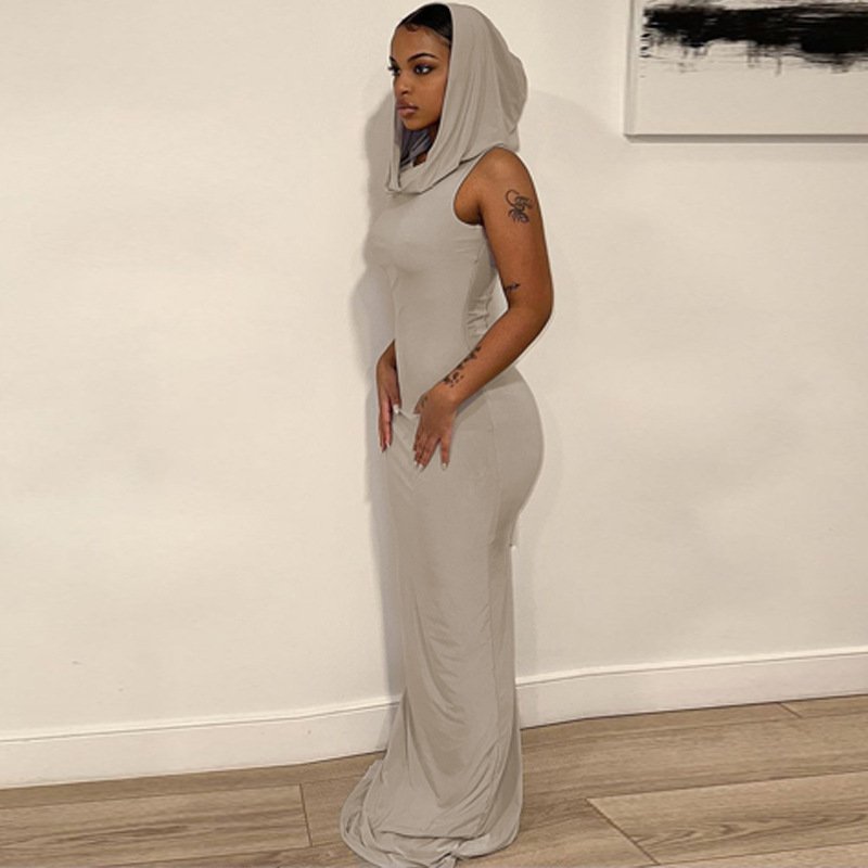 Summer New Fashion Back Split Solid Color Dress With Hooded European and American Style Women Sleeveless Long Casual Dress