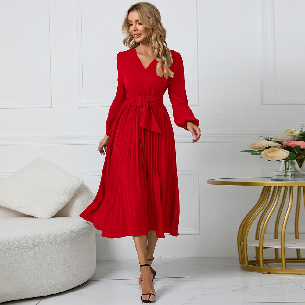 Linda Fashion Factory Wholesale Price Latest Designs Summer Ladies Long Sleeve Pleated Cross V Neck Women Casual Dresses