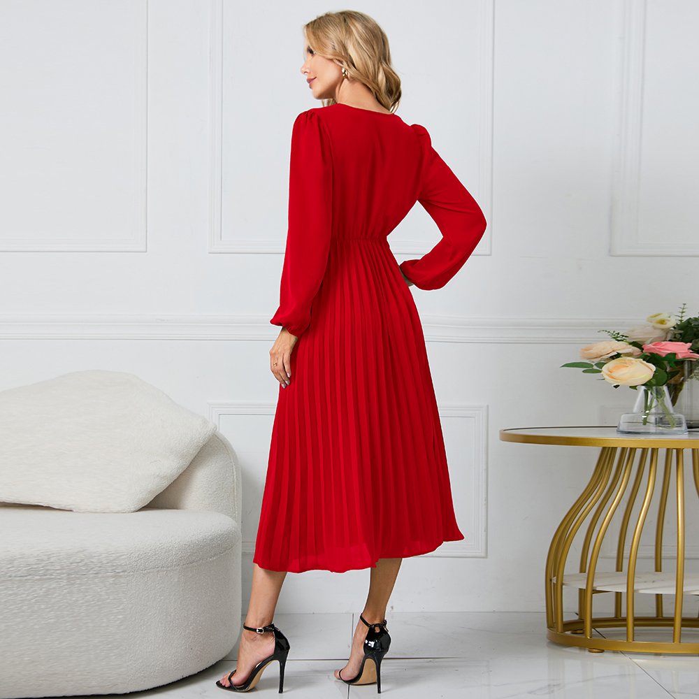 Linda Fashion Factory Wholesale Price Latest Designs Summer Ladies Long Sleeve Pleated Cross V Neck Women Casual Dresses