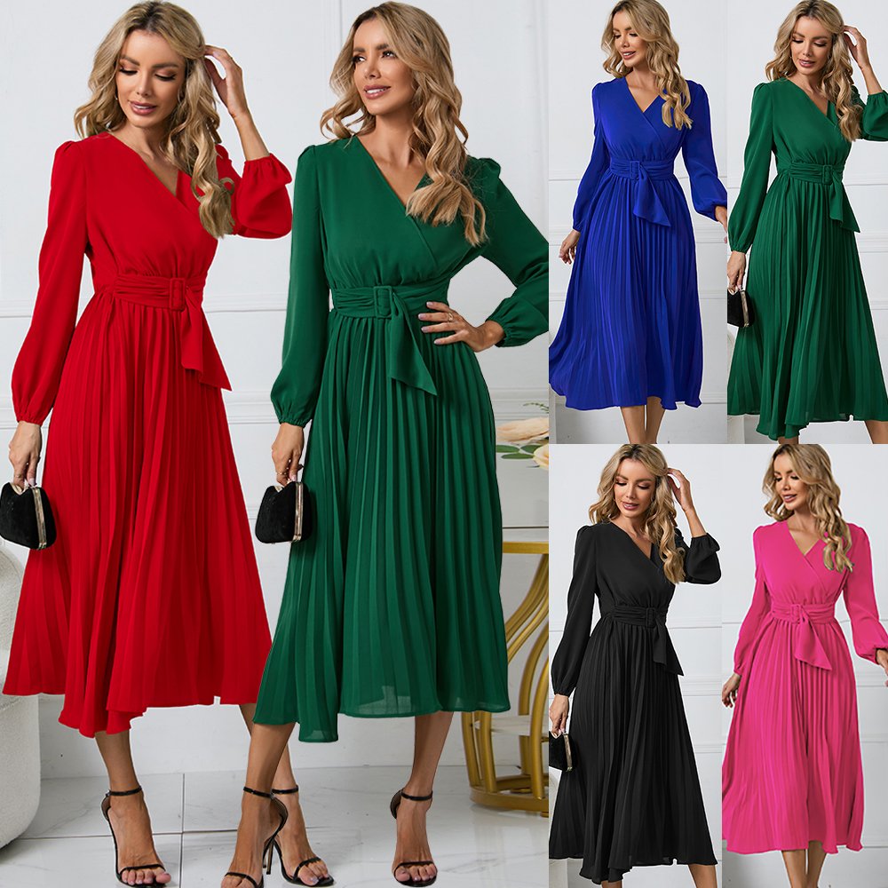 Linda Fashion Factory Wholesale Price Latest Designs Summer Ladies Long Sleeve Pleated Cross V Neck Women Casual Dresses