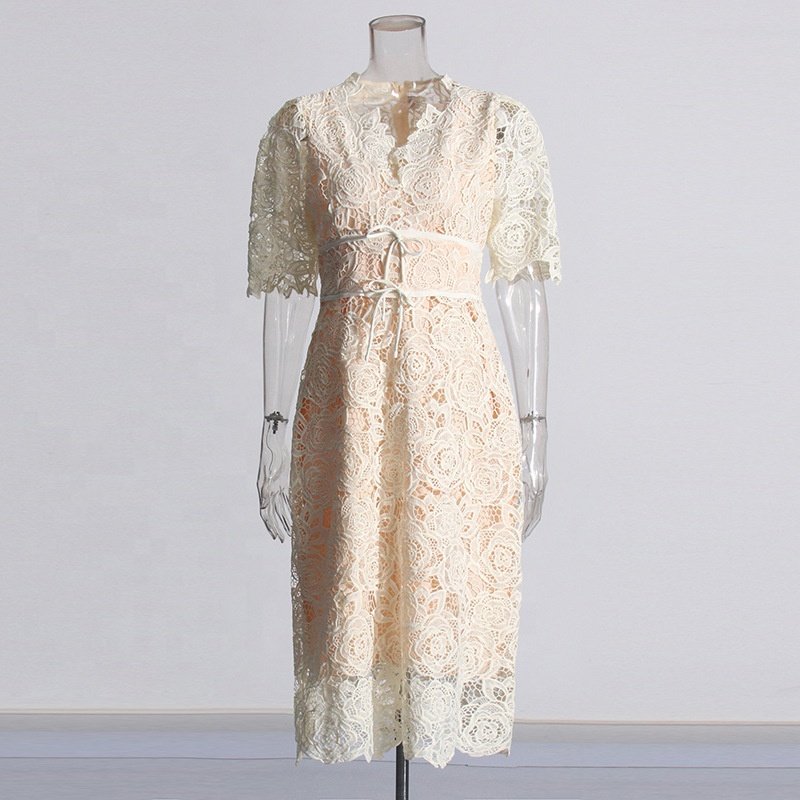 OUDINA Trendy Lace Flowers Embroidery Party Dress Slim Long Casual Dress Elegant Women's Dresses