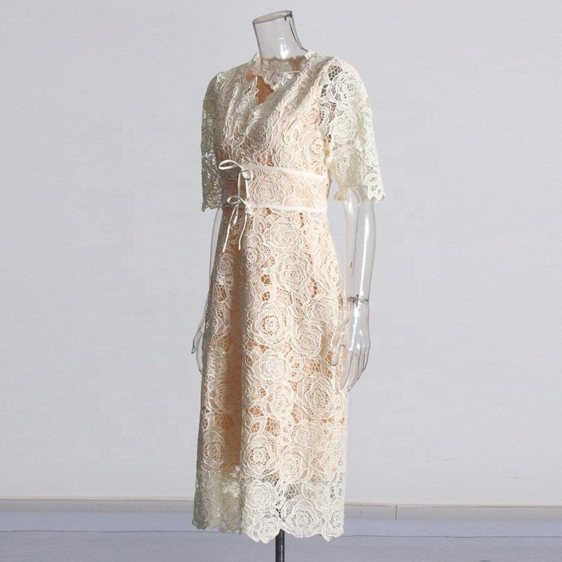 OUDINA Trendy Lace Flowers Embroidery Party Dress Slim Long Casual Dress Elegant Women's Dresses