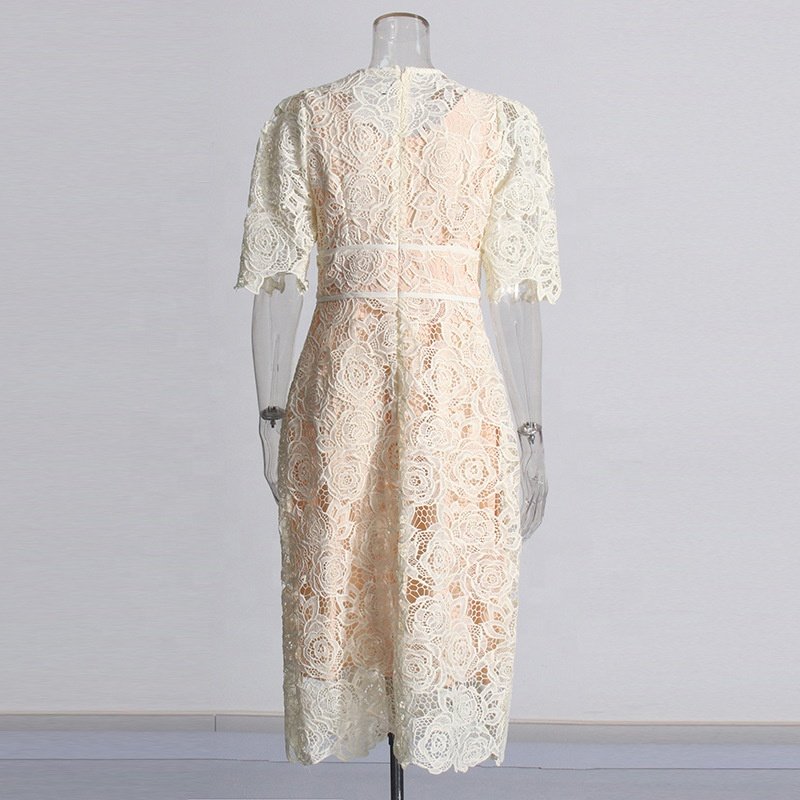 OUDINA Trendy Lace Flowers Embroidery Party Dress Slim Long Casual Dress Elegant Women's Dresses
