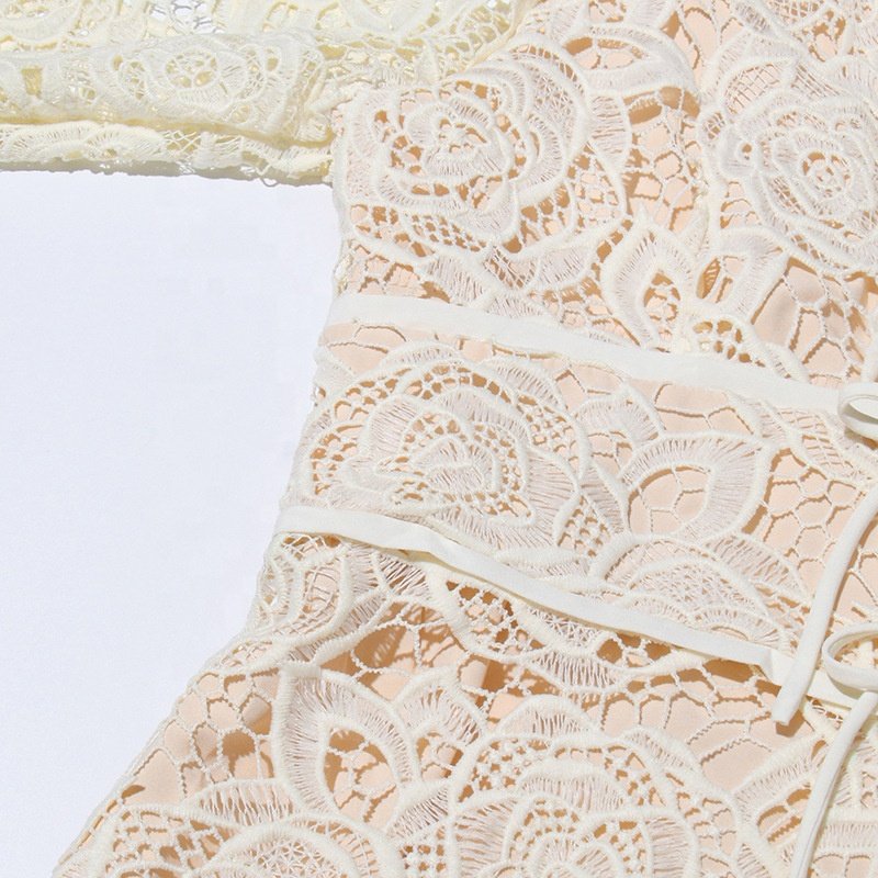 OUDINA Trendy Lace Flowers Embroidery Party Dress Slim Long Casual Dress Elegant Women's Dresses