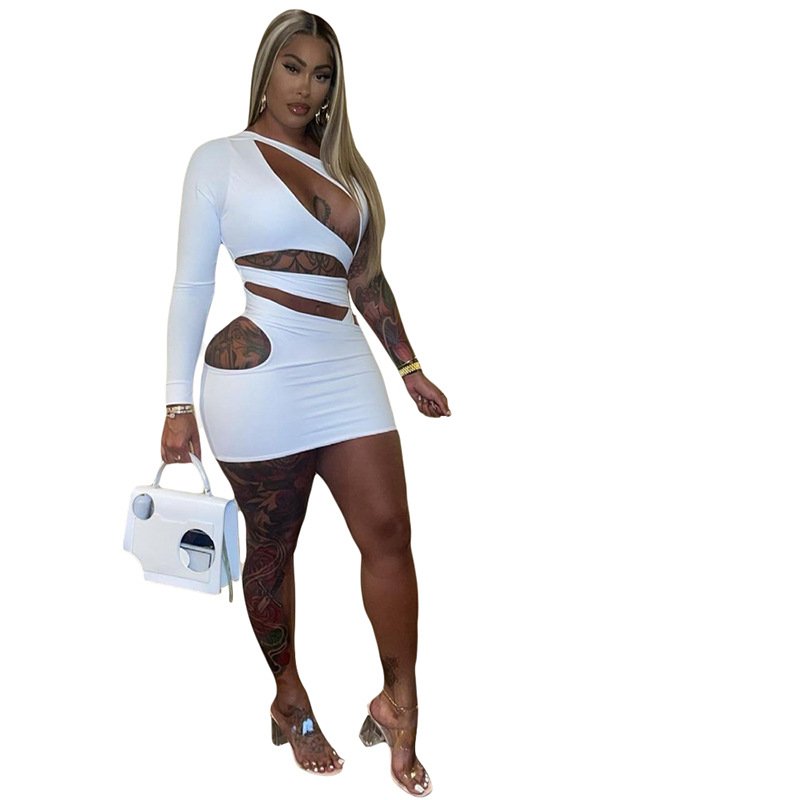 Hollow Out Sexy Club Wear For Women Evening Dresses Skinny Mini Dress Single Long Sleeve Women Casual Dress