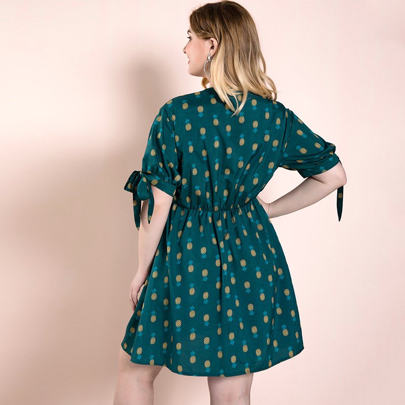 High Quality Green Dress Sleeve Bow Slim Women's Dress Print Casual Dresses Natural OEM Service Digital Printing Short Adults