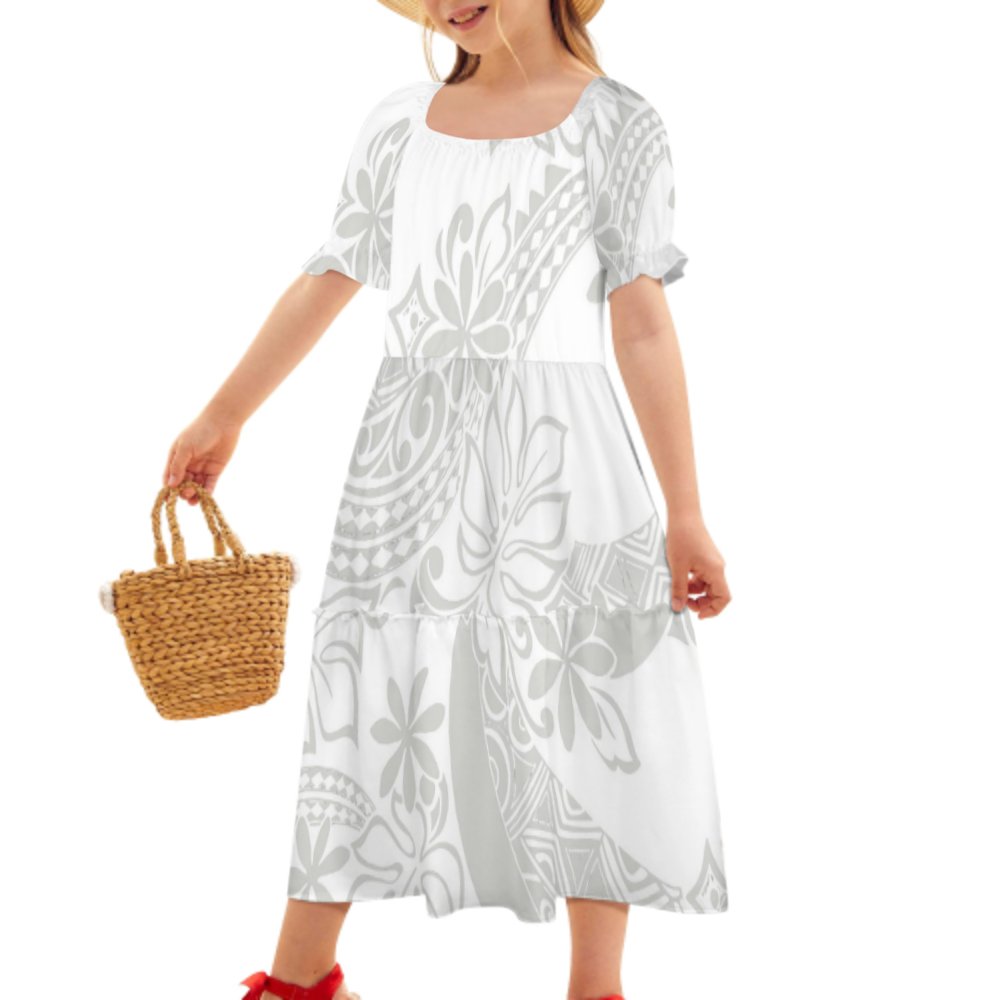Polynesian Elei Tribal White Grey Design Custom Personality Fashion Elegant Children Dresses for Christmas Party Ball Gown