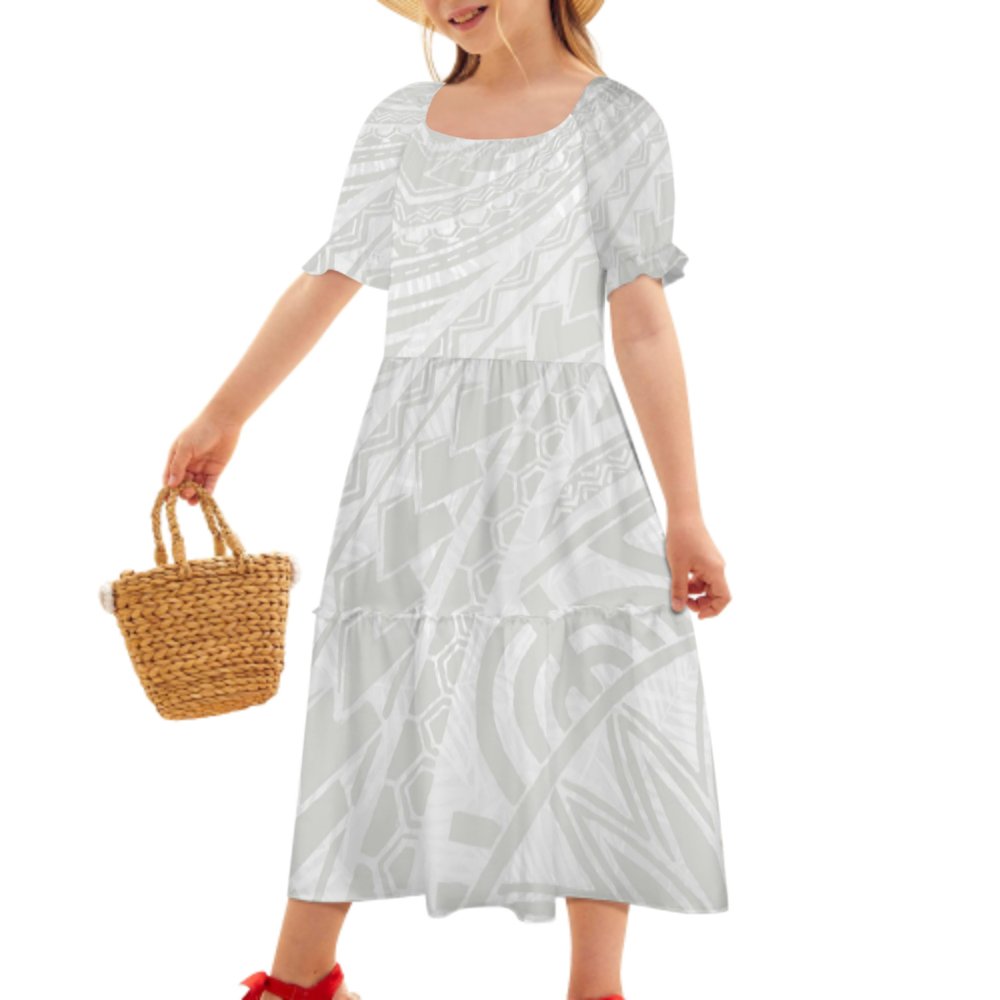 Polynesian Elei Tribal White Grey Design Custom Personality Fashion Elegant Children Dresses for Christmas Party Ball Gown