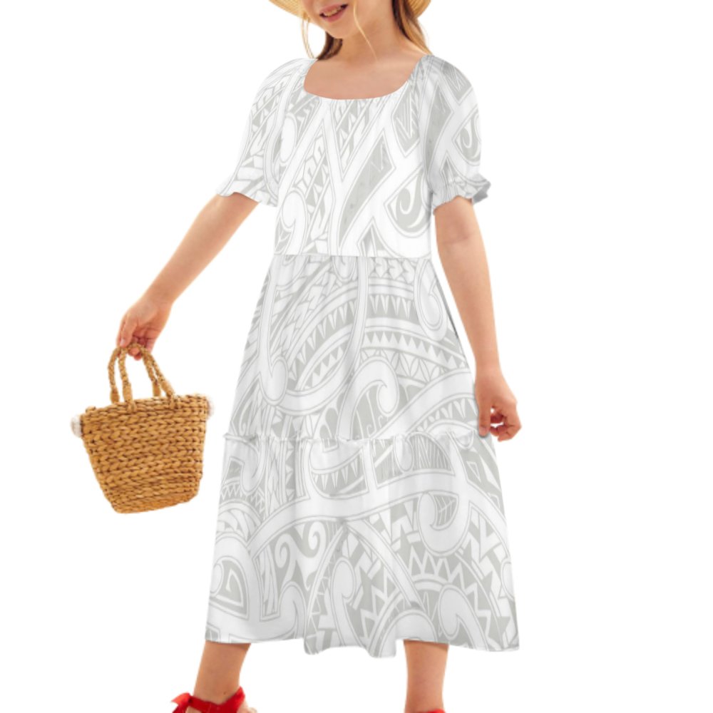 Polynesian Elei Tribal White Grey Design Custom Personality Fashion Elegant Children Dresses for Christmas Party Ball Gown