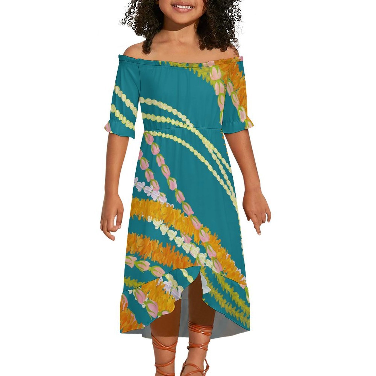 2024 Hot Selling Hawaiian Tropical style Design Custom Fashion Beach Evening Party Girl Short-Sleeved Off-The-Shoulder Dress