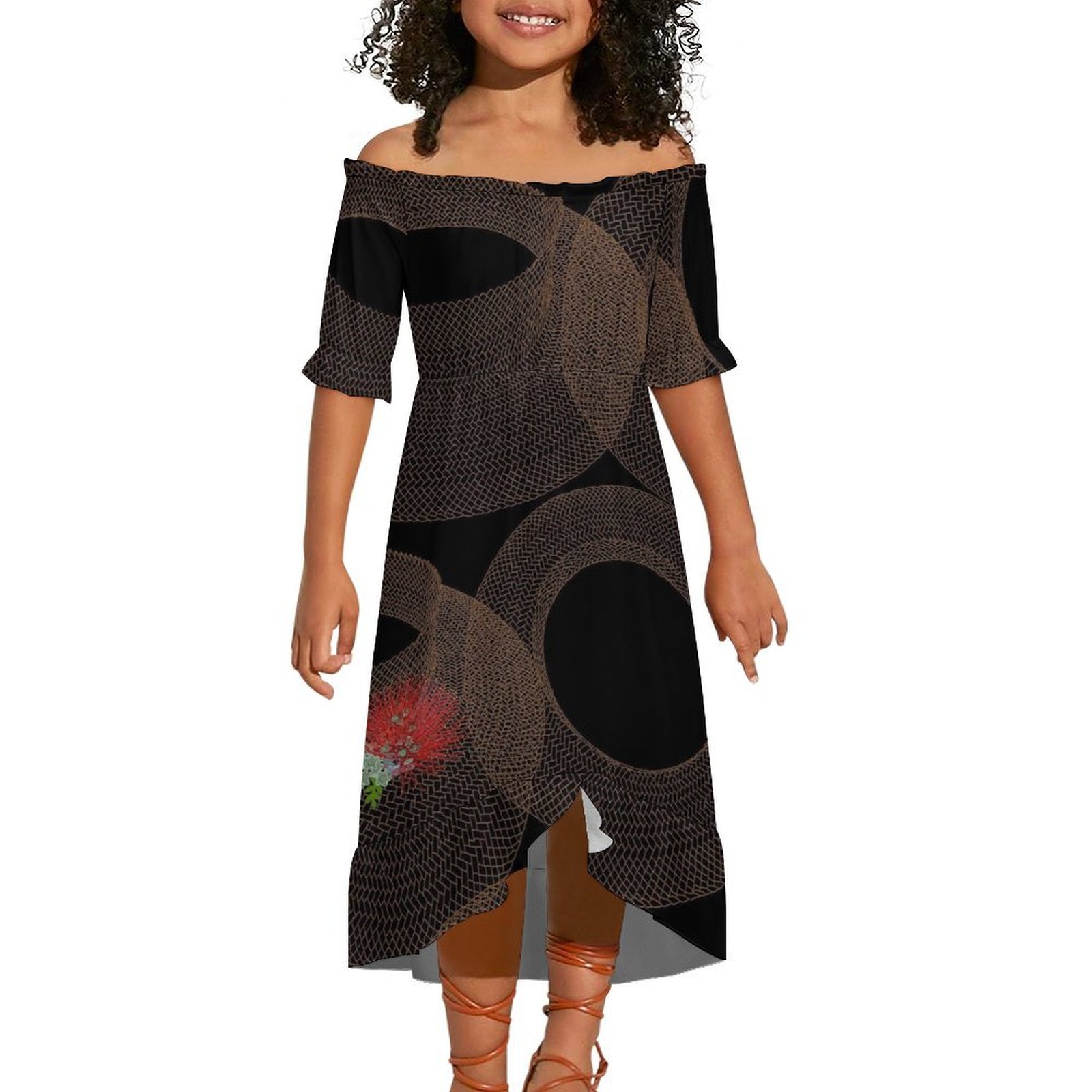 2024 Hot Selling Hawaiian Tropical style Design Custom Fashion Beach Evening Party Girl Short-Sleeved Off-The-Shoulder Dress